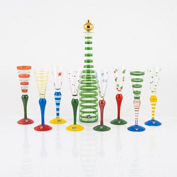 Anne Nilsson, eight 'Clown' vodka glasses and a decanter, Orrefors.