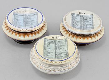 SPELUTENSILIER, 3 st, majolika, Rörstrand, 1800-talets slut.