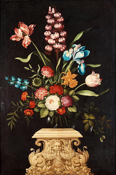 431. Johan Johnsen, Still life with flowers on pedestal.