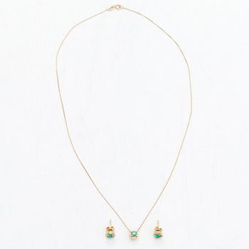 A pair of earrings and a chain ca 18K gold, and a pendant ca 14K gold with emeralds and diamonds ca 0.24 ct in total.