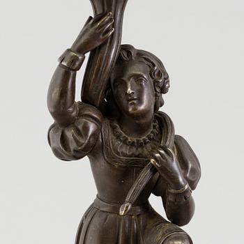 A pair of late 19th century patinated brass candelabra.