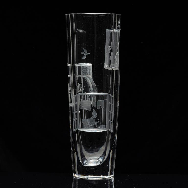 Tapio Wirkkala, a rare engraved "Finestra" glass vase, Iittala, Finland, 1947, model 3220, engraved by Theodor Käppi.