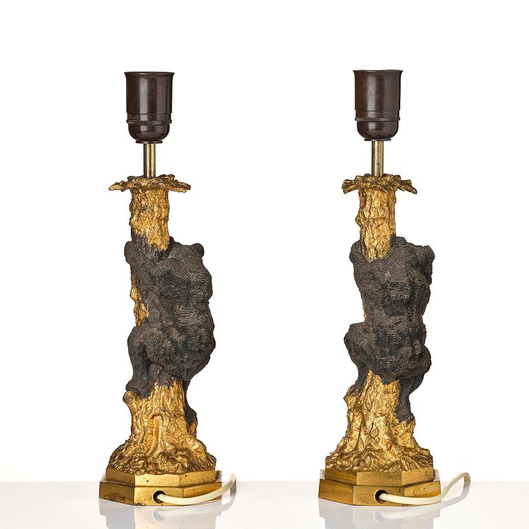A pair of Russian Alexander III gilt and patinated bronze table lamps, late 19th century.