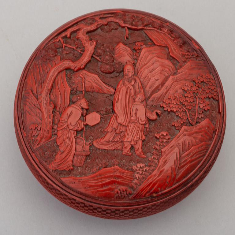 A Chinese red lacquer box with cover, presumably 20th century.