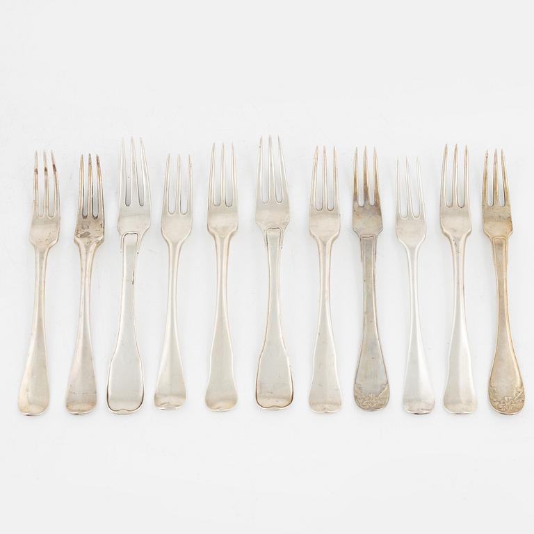 11 Swedish Silver Forks, Sweden 18th century.