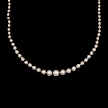 A oriental pearl, 7.4-3mm in diameter, necklace. Clasp set with marquise- and brilliant-cut diamonds app. tot. 0.70ct.
