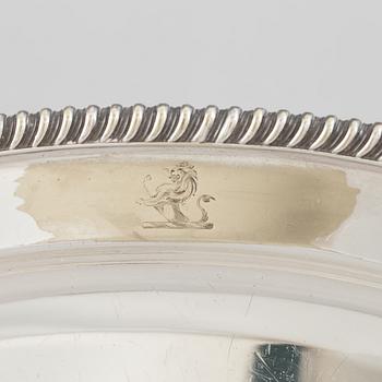 A silver plate food dome cover, Atkin Brothers, Sheffield, England, and a dish, circa 1900.