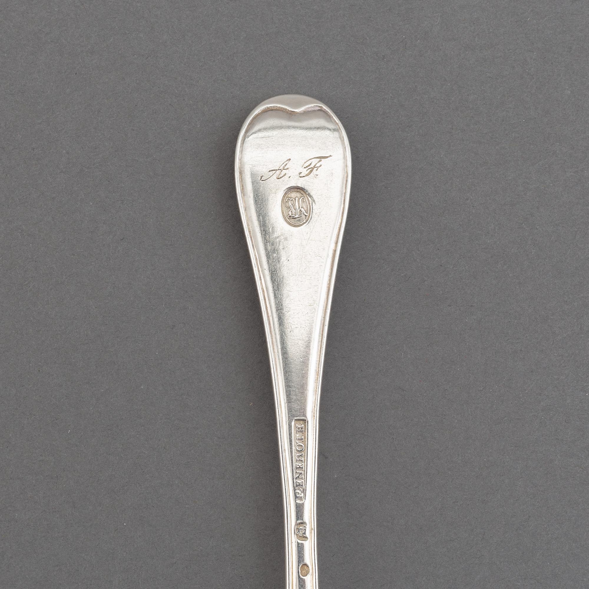 A set of six Swedish 18th century silver spoons, maker's mark Petter Eneroth, Stockholm, 1785.