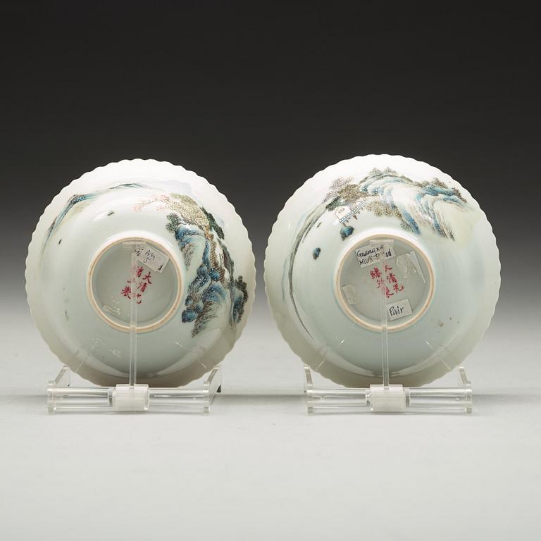 A set of two famille rose bowls. Republic, early 20th century, with Guangxus six character mark.