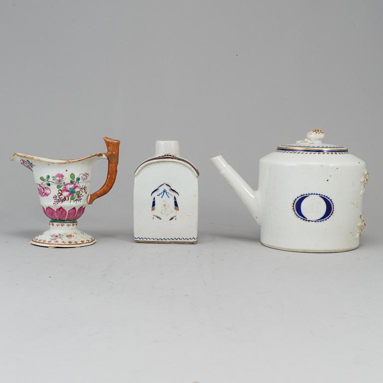 A tea pot, a milk jug and a tea caddy, Qing dynasty, 18th Century.