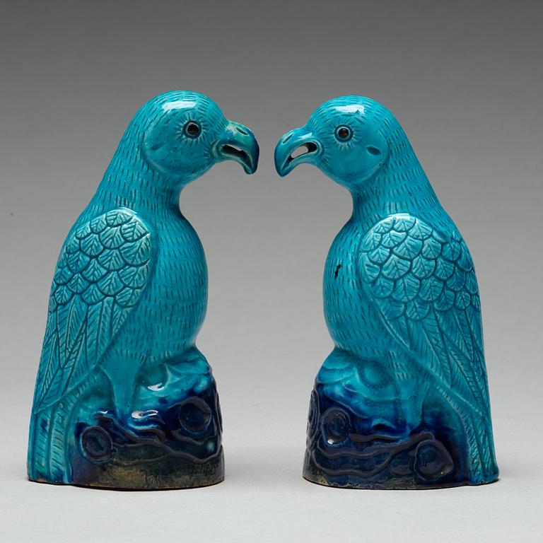 A pair of turquoise and aubergine glazed parrots, Qing dynasty, 19th Century.