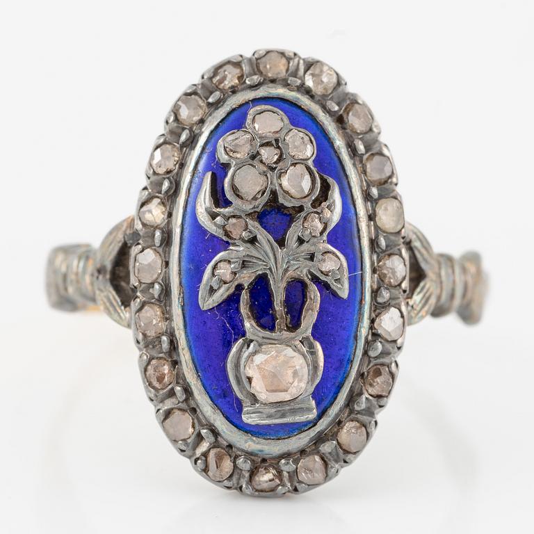 Ring, silver med koboltblå emalj och rosenslipade diamanter, med blommotiv.