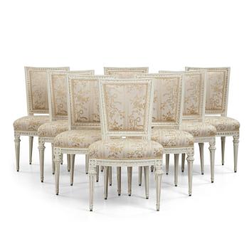 44. Eight (5+3) matched Gustavian late 18th century chairs.