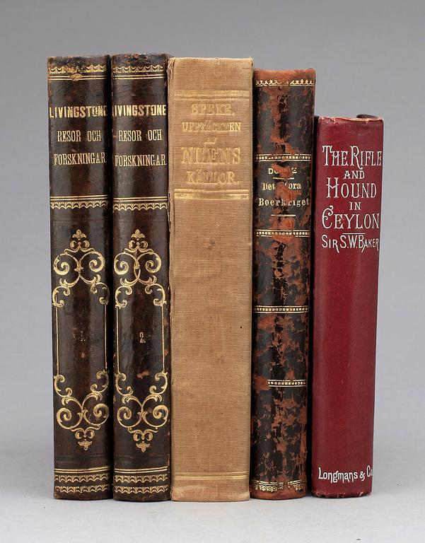 BÖCKER, 5 st, bla "Upptäckten av Nilens källor.." av John Hanning Speke, Stockholm 1865.