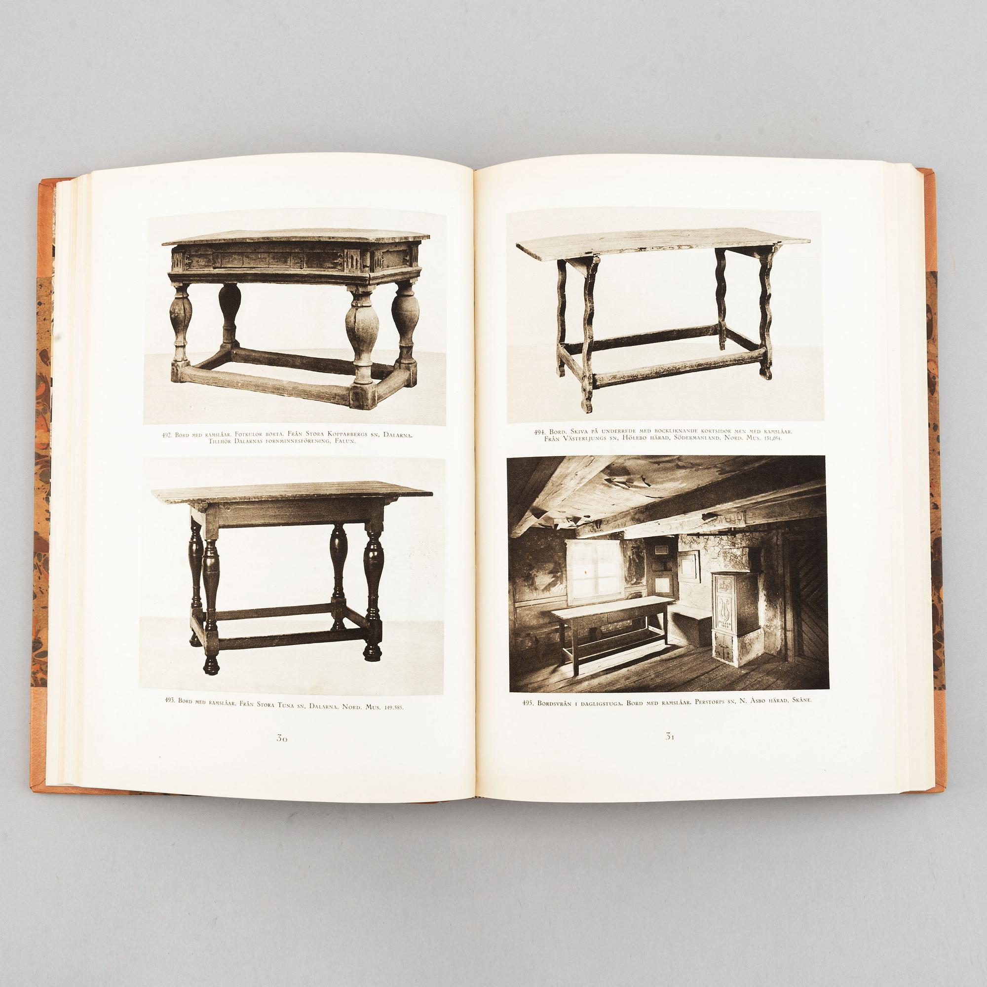 Böcker, 6 st, möbler, klockor och konsthantverk, bl.a. "Möbler och Heminredning i svenska bygder" I-II, Sigurd Erixson.