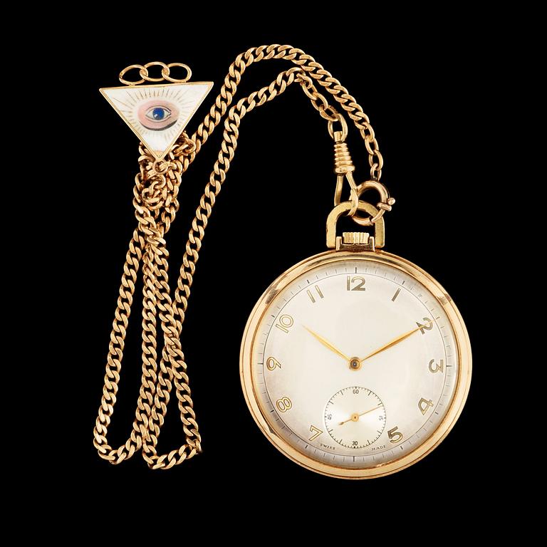 Fickur med Klockkedja, 14k resp kedja 18k guld. Tillverkad i Schweiz, 1900-talets mitt. 46mm.