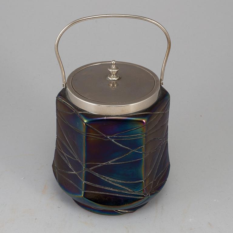 A glas biscuit tin, possibly Lötz, early 20th century.