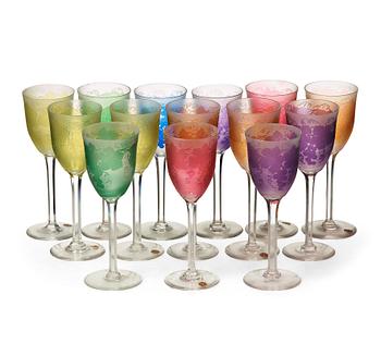 1. Orrefors, a set of 14 Art Nouveau cameo glass wine glasses, Sweden ca 1915.