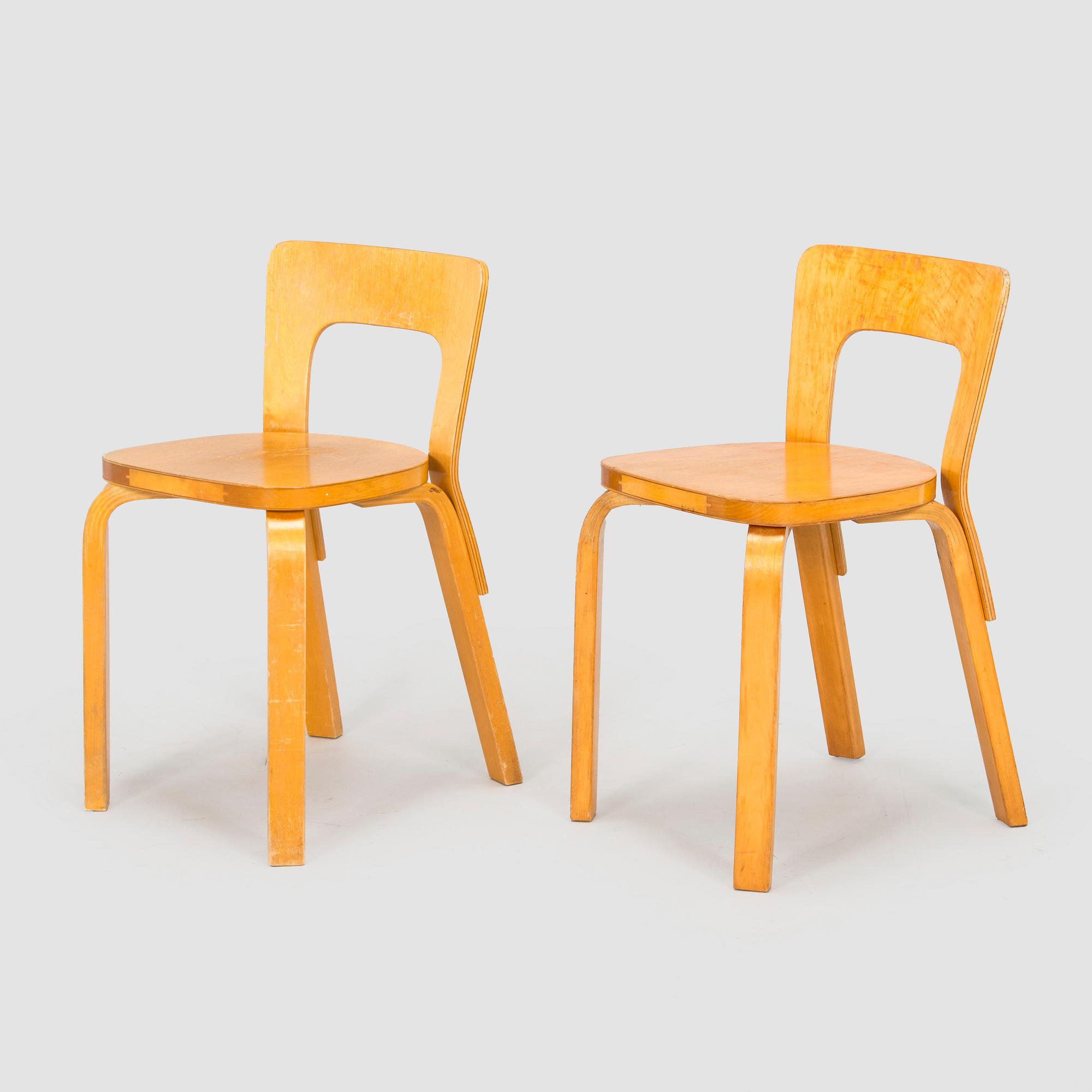Alvar Aalto, two 1940s 'A65' chairs for O.Y. Huonekalu- ja Rakennustyötehdas A.B.