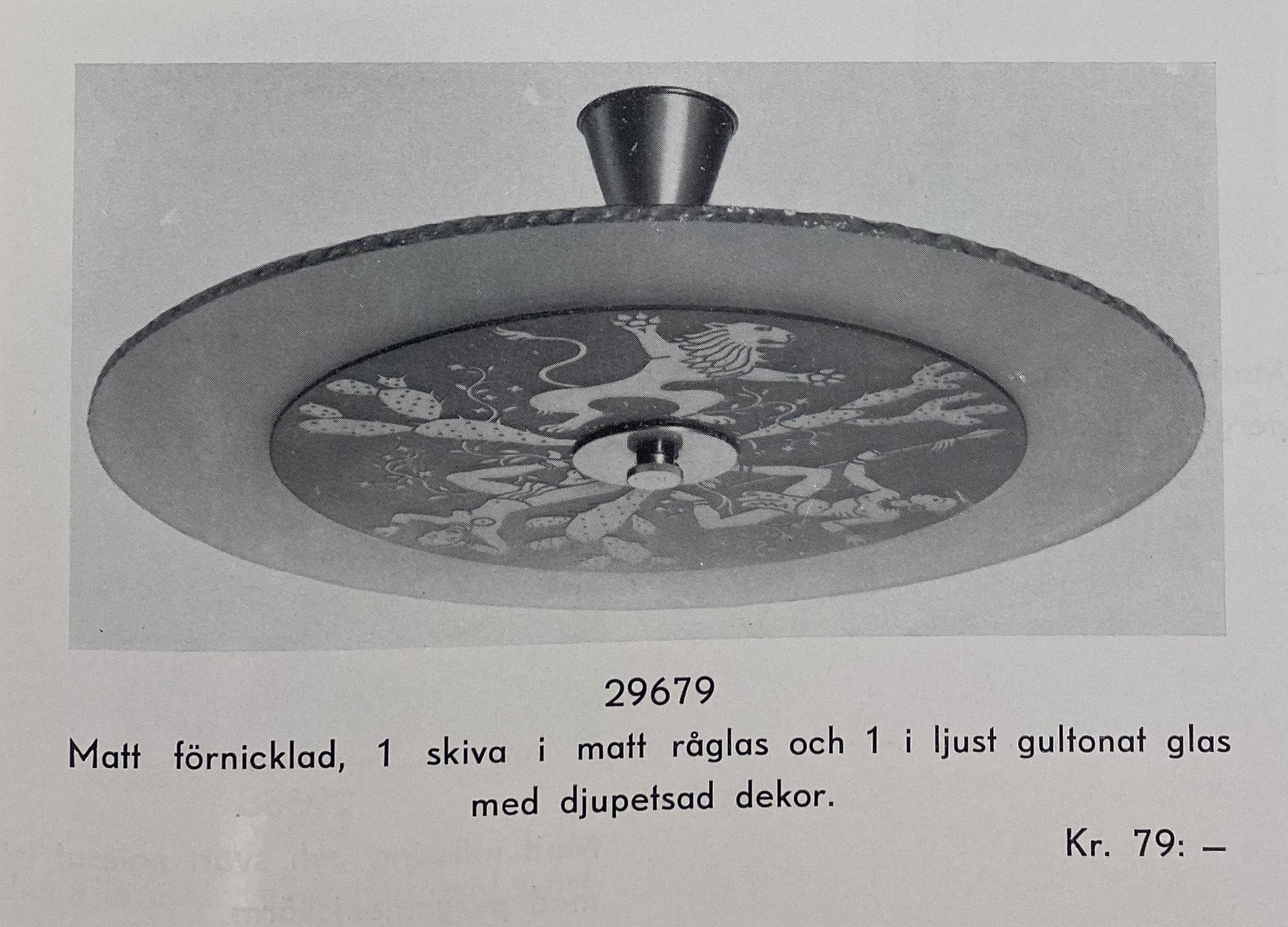 Edward Hald, & Erik Tidstrand, a rare "The 4 Winds" ceiling lamp model "HD 656"/"29679", Orrefors & Nordiska Kompaniet, 1930s.