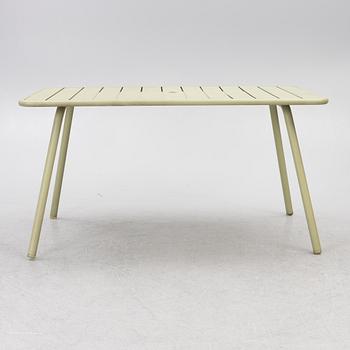 Frédéric Sofia, a table and two chairs for outdoor use, "Luxembourg" Fermob, France, 21st century.