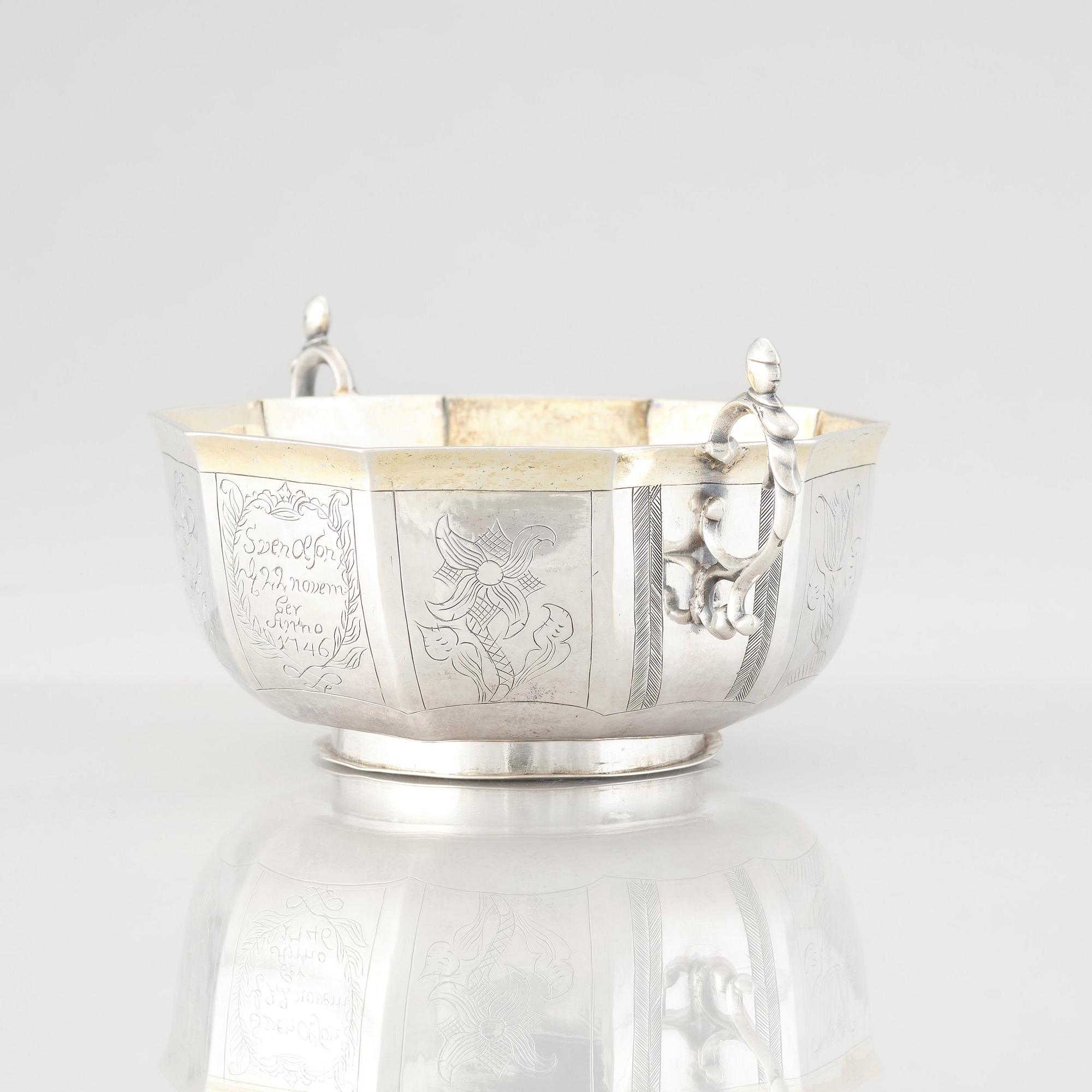 A Swedish Baroque parcel-gilt silver brandy-bowl, mark of Samuel Nordsten, Karlskrona, 1746.
