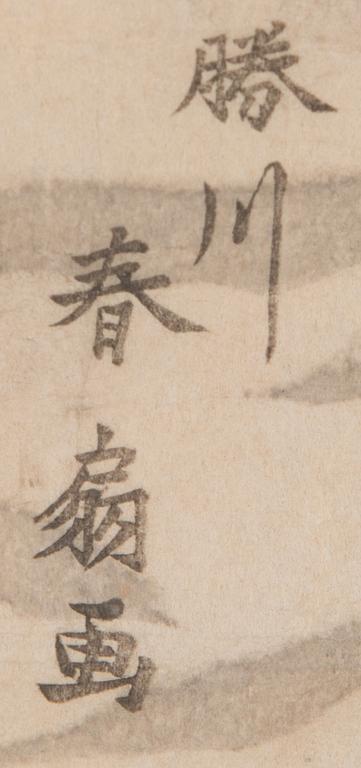 Färgträsnitt, 3 st, signerade Katsugawa Shunsho samt Kikugawa Eizan, efter,  sent 1800/tidigt 1900-tal, Japan.