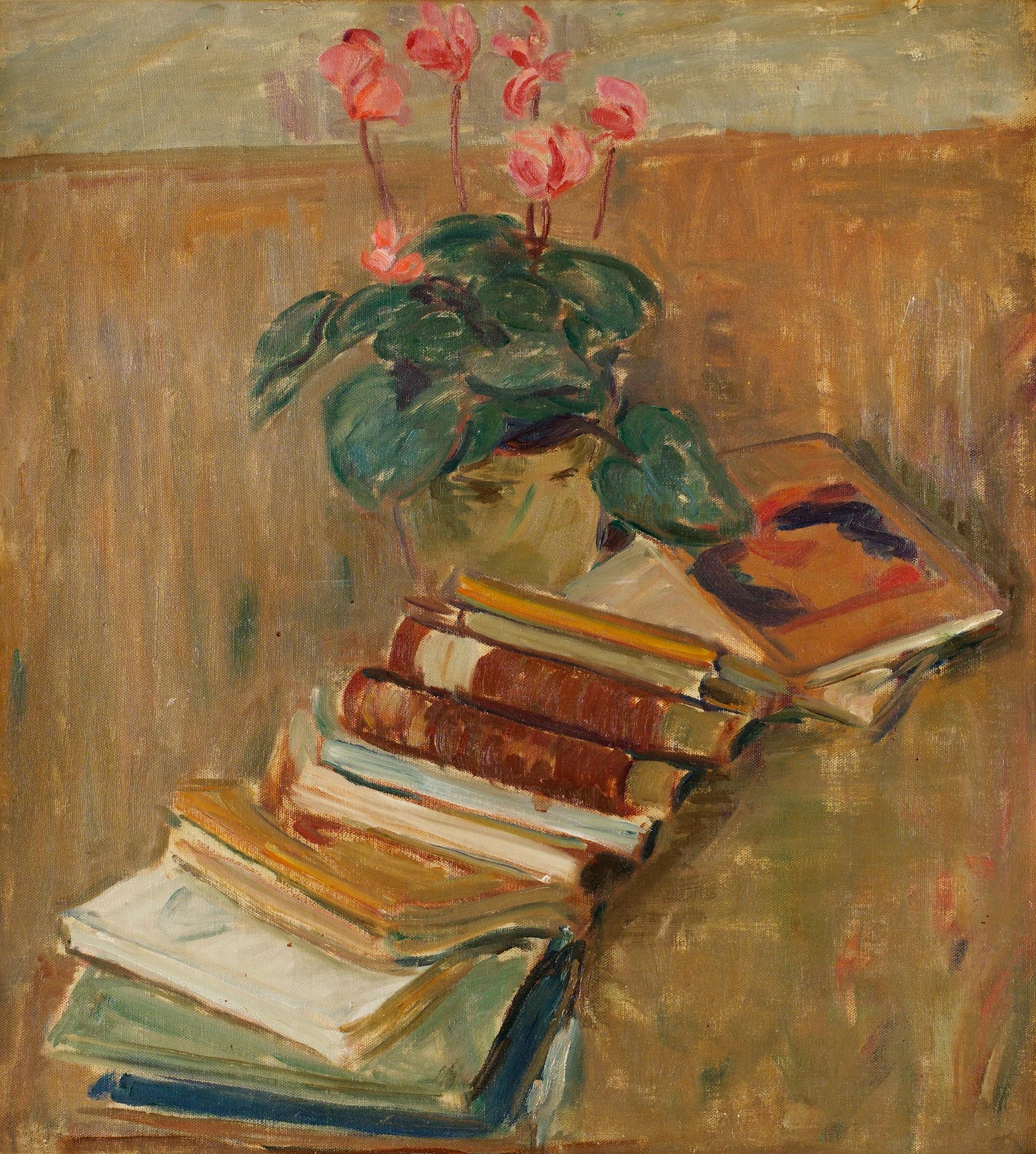 Karl Isakson, Stilleben med blommor och böcker.