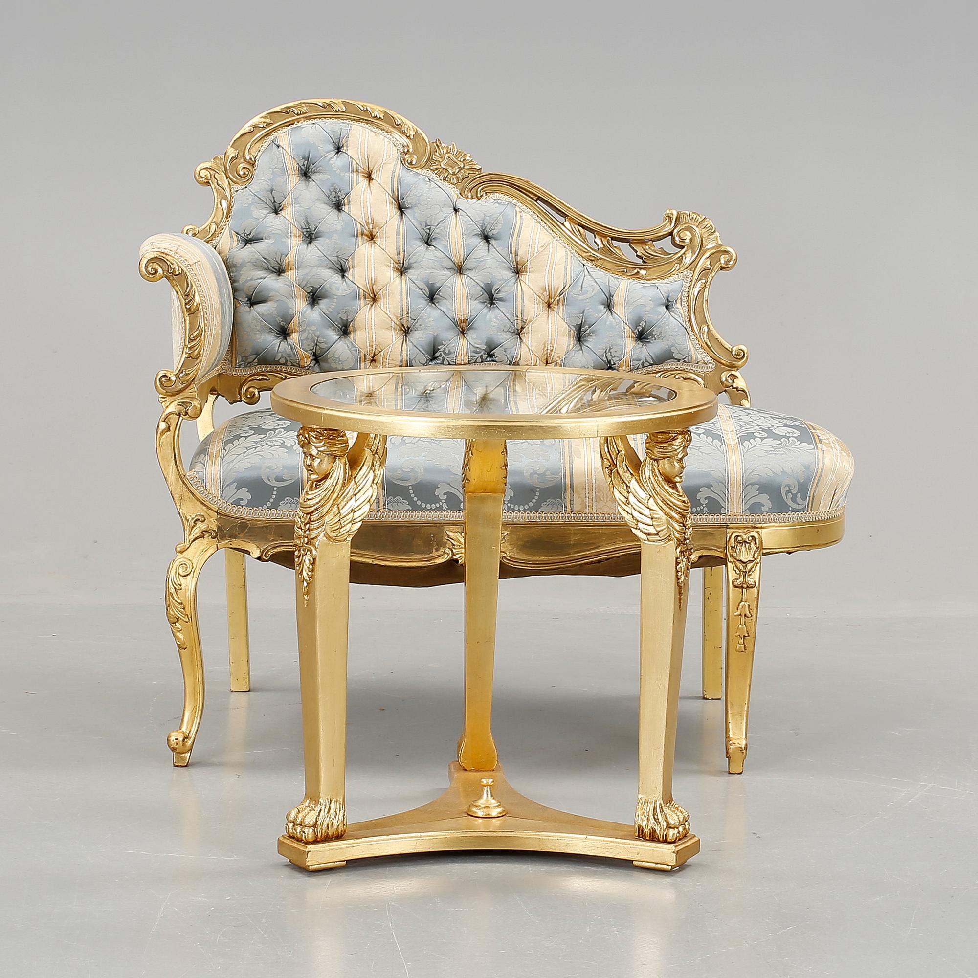 SOFFA med BORD, rokokostil resp empirestil, modern tillverkning.