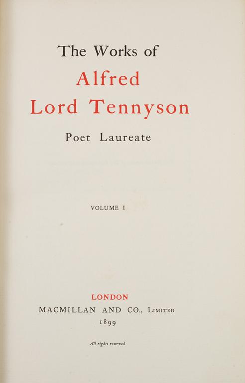 A set of 12 books,  "Life and works of Tennyson", Alfred Lord Tennyson a Memoir by his son. 1898-1899.