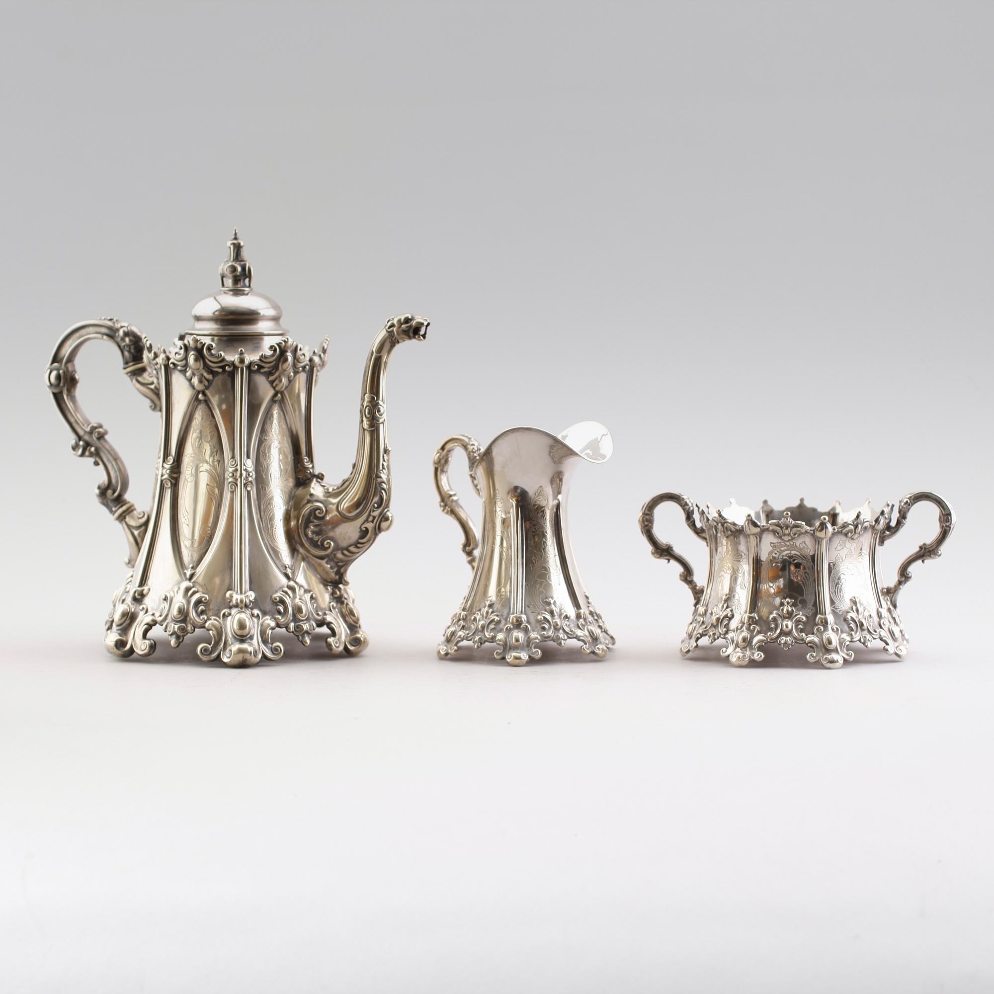 KAFFESERVIS, 3 delar, nysilver, CG Hallberg, omkring år 1900.