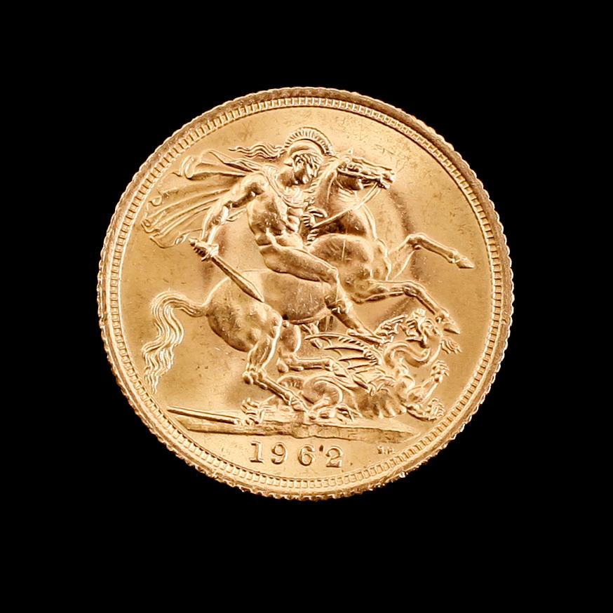 GULDMYNT, sovereign, Elizabeth II, 1962. Vikt ca 8 gram.
