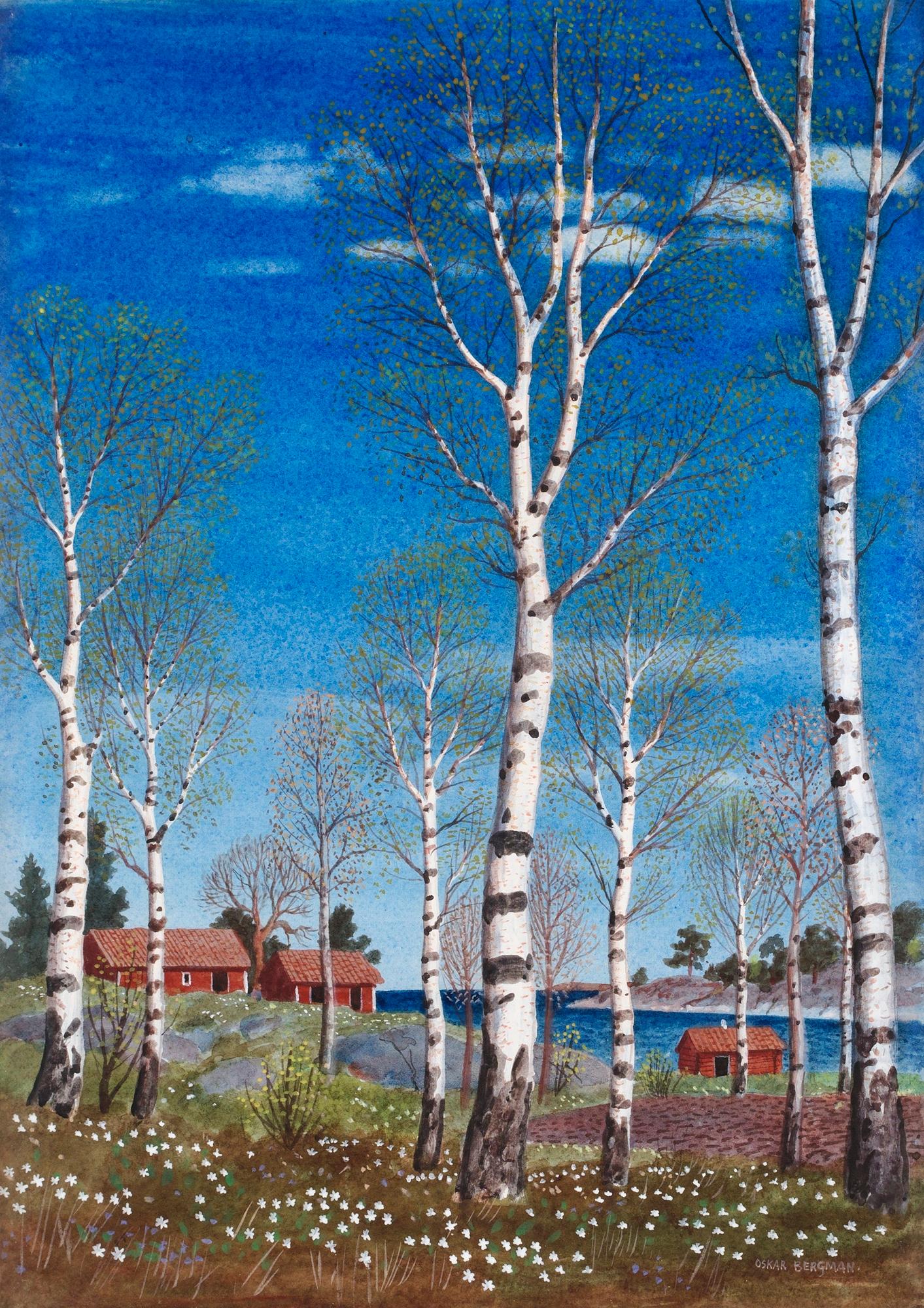 Oskar Bergman, Vårbjörkar och röda stugor vid havet.