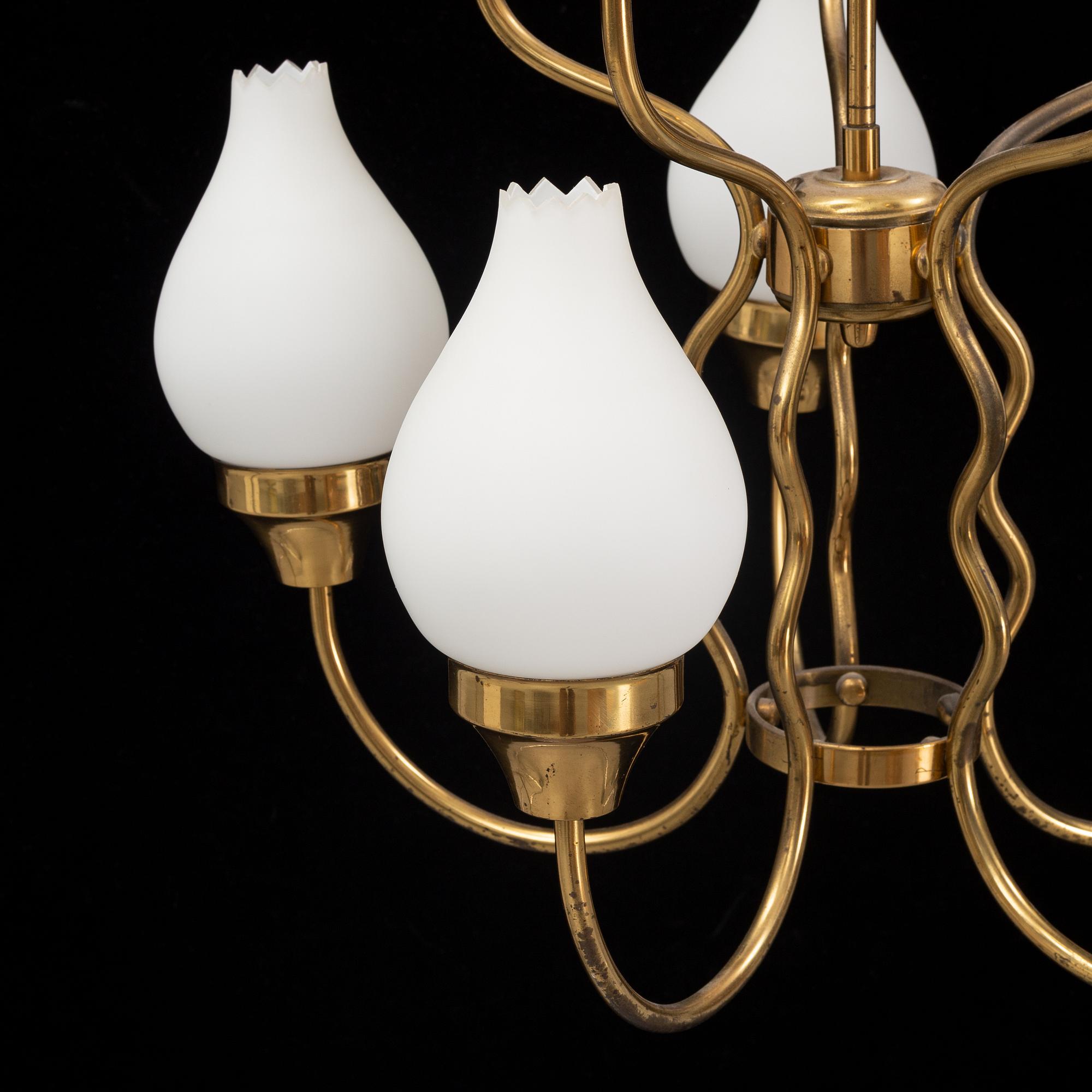 A brass and glass ceiling lamp for ten lights, first half 20th century.