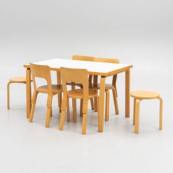 Alvar Aalto, furniture group, table model 81 B, 4 chairs and two stools, Artek, Finland, second half of the 20th century.