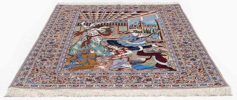 A pictoral Isfahan rug, part silk, c. 241 x 155 cm.