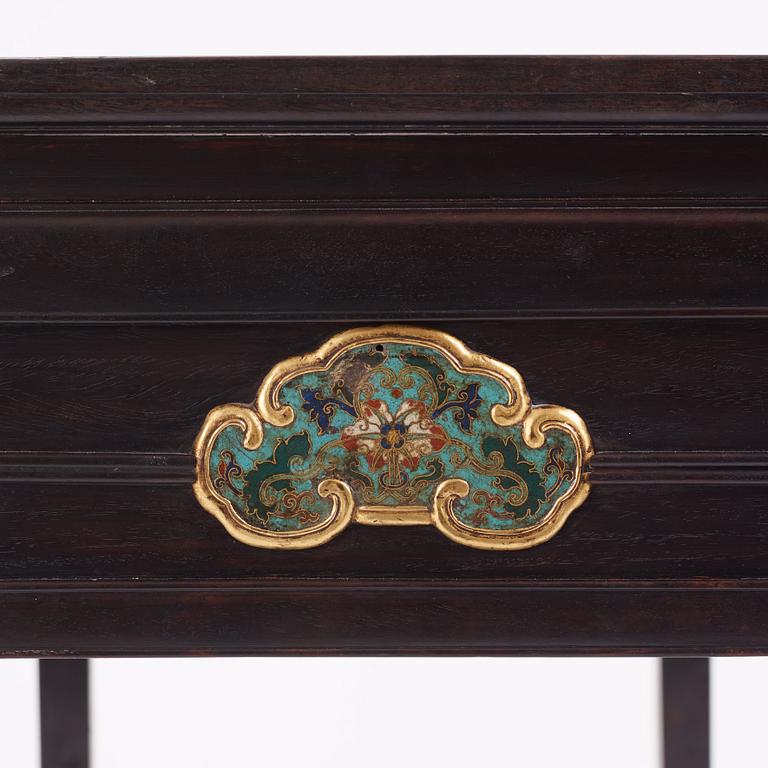 A Chinese zitan altar table with cloisonné placques, Qing dynasty, Qianlong period (1736-1795).