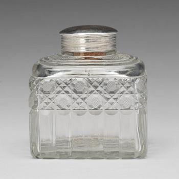 222. A Russian 19th century glass and silver tea-caddy, lid marked Johan Bernard Hertz, St. Petersburg 1833.