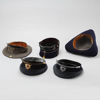 Five hats for the swedish army, 20th century.