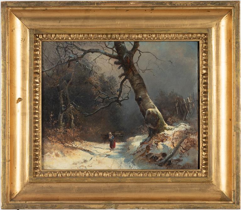 Okänd konstnär, 1800-tal, Vinterlandskap med vedbärande kvinna.