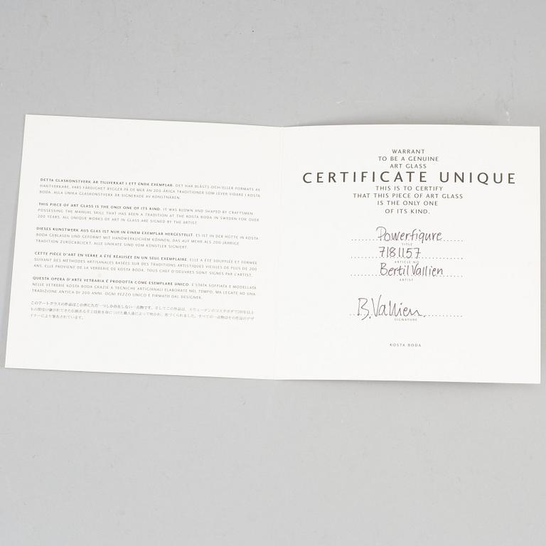 BERTIL VALLIEN, a unique Swedish artglass sculpture "Powerfigure", Kosta Boda,