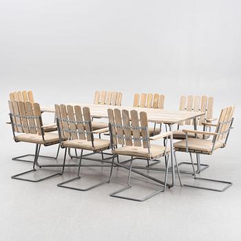 Arthur Lindquist, a model 'A2' garden table and eight chairs, Grythyttans stålmöbler, 21st Century.