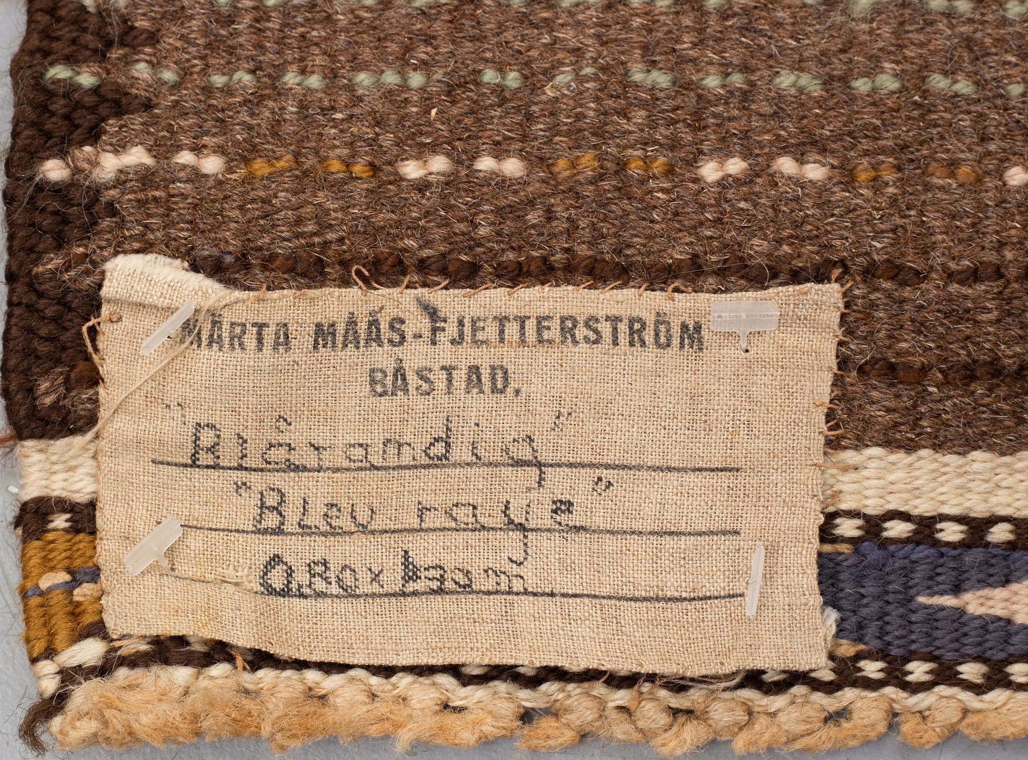 Märta Måås-Fjetterström, a carpet, "Blå randig", knotted pile, ca 141,5-143 x 83-85 cm, signed MMF.