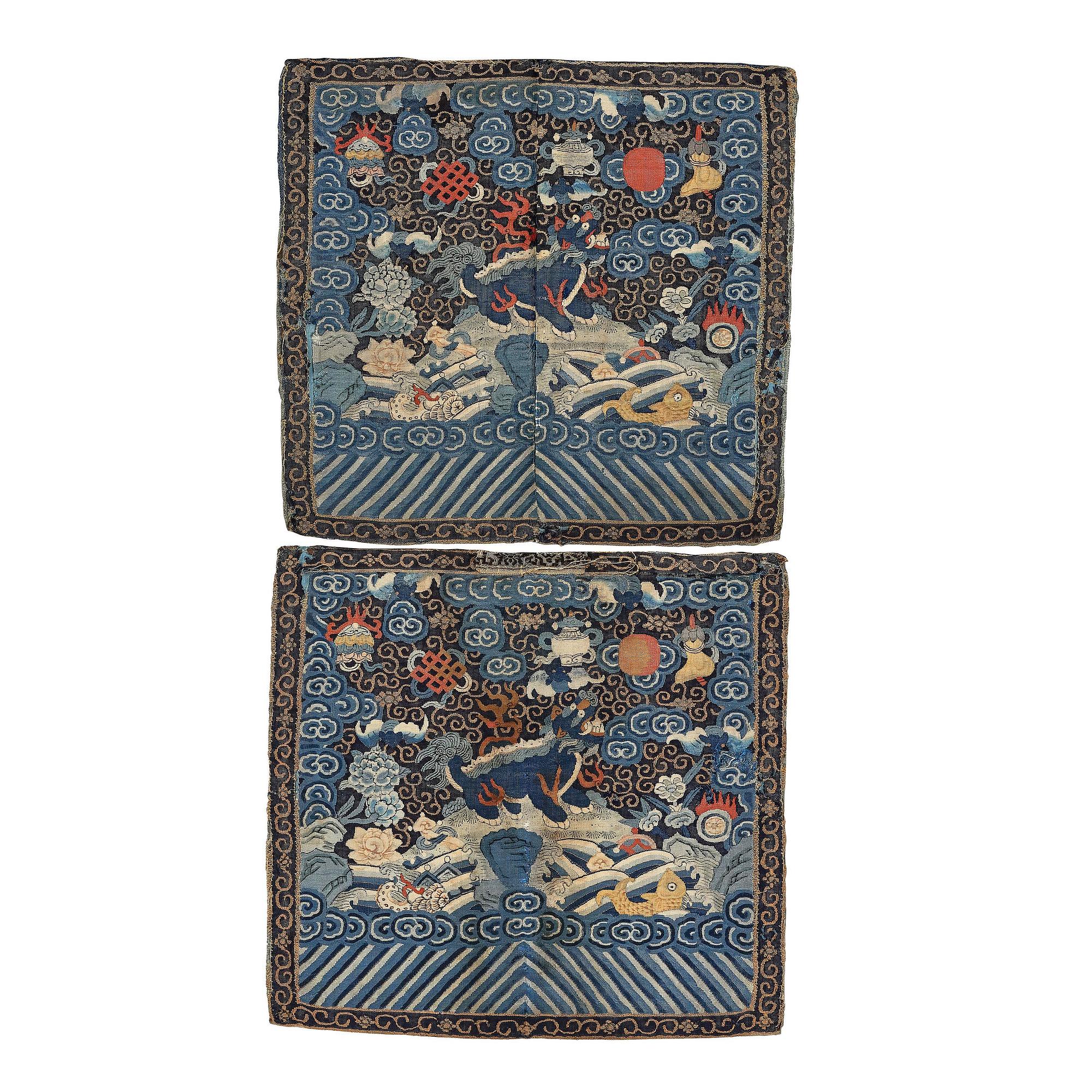 A pair of kesi military officials badges with bears, Qing dynasty, 19th century.