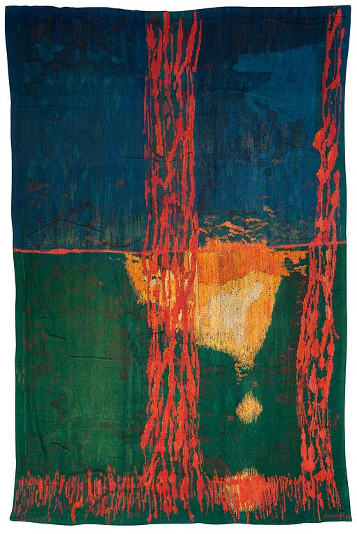 VÄVD TAPET. "Spegelnatt". Slätväv. 416 x 274 cm. Signerad HAV LH 1971 molin (Brita Molin).