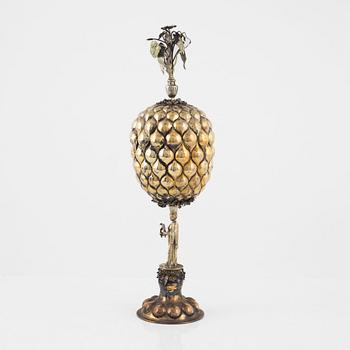 A German Baroque Style Parcel-Gilt Silver Pineapple Cup with Cover, circa 1900.
