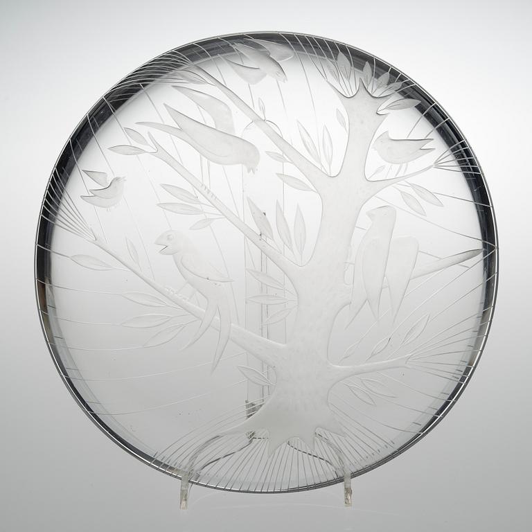 HELENA TYNELL, A DISH. Lintupuu (Bird tree). Signed Helena Tynell, Th. Käppi, Riihimäen Lasi Oy -53.