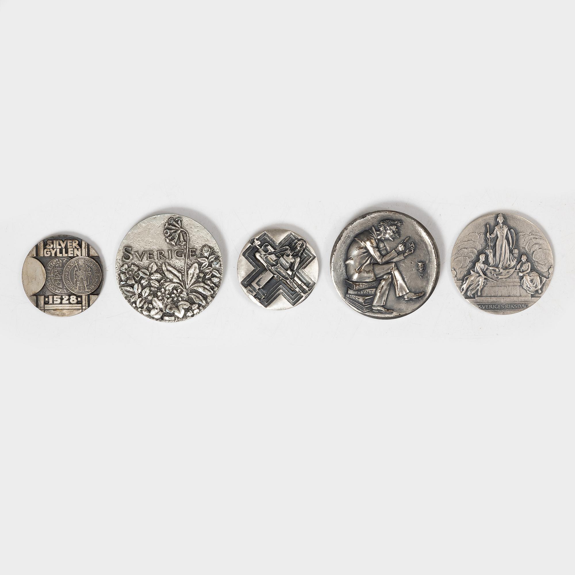 Medaljer 5 st, silver, 1900-talets slut.