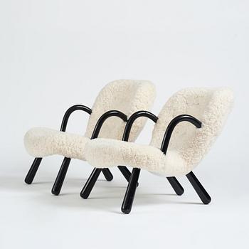 Arnold Madsen, Clam chairs/ Muslinge fåtöljer, ett par, sannolikt Madsen & Schubell, Danmark, 1940-50-tal.