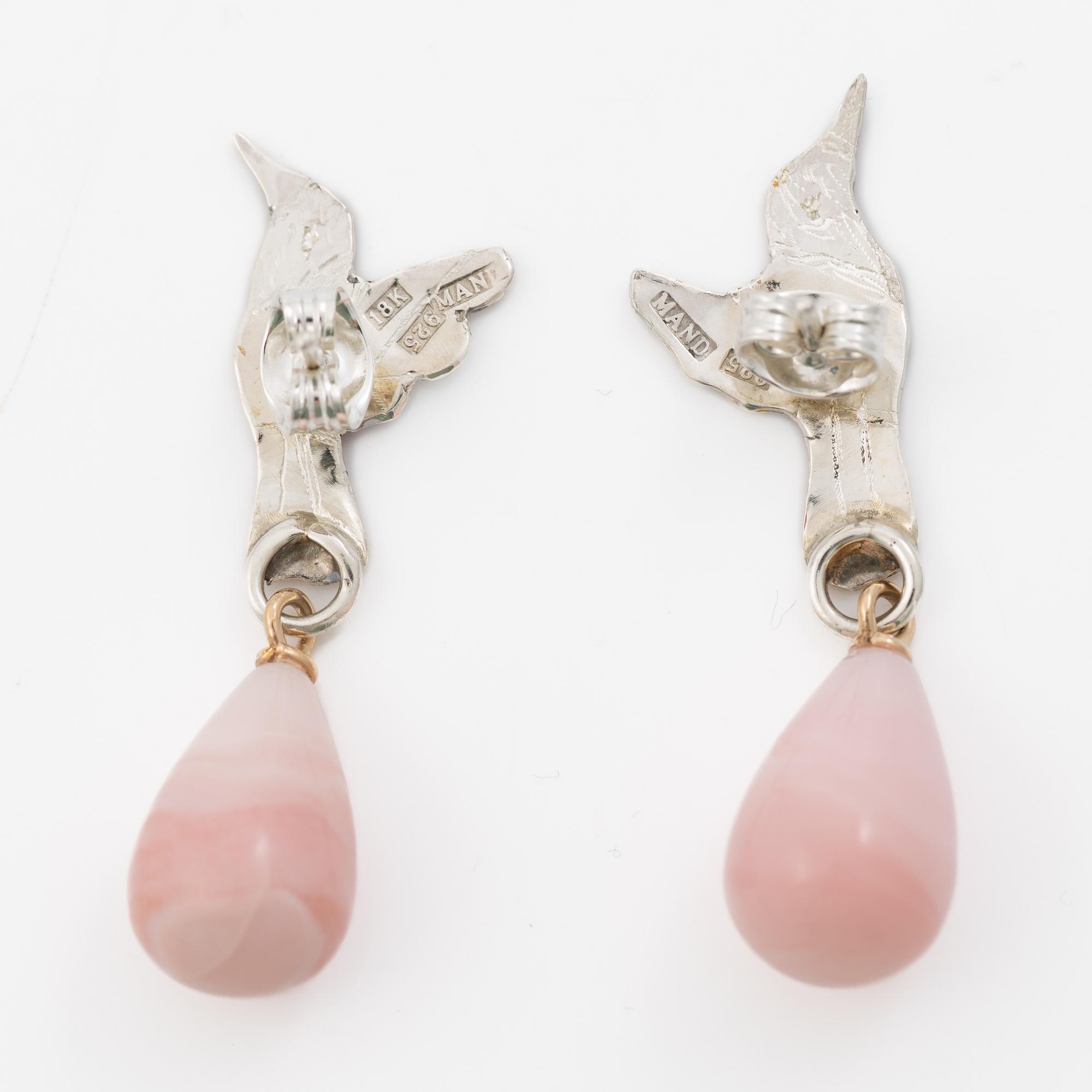 Mandelstam hummingbird earrings in silver and 18K gold, enamel and pink opal.